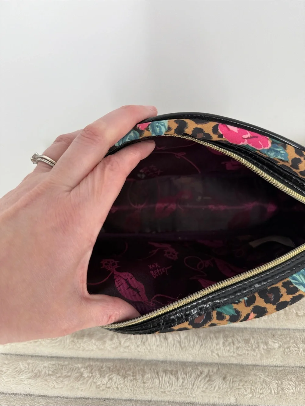 Betsey Johnson Leopard Floral Cosmetic Pouch - Pink, Teal & Brown